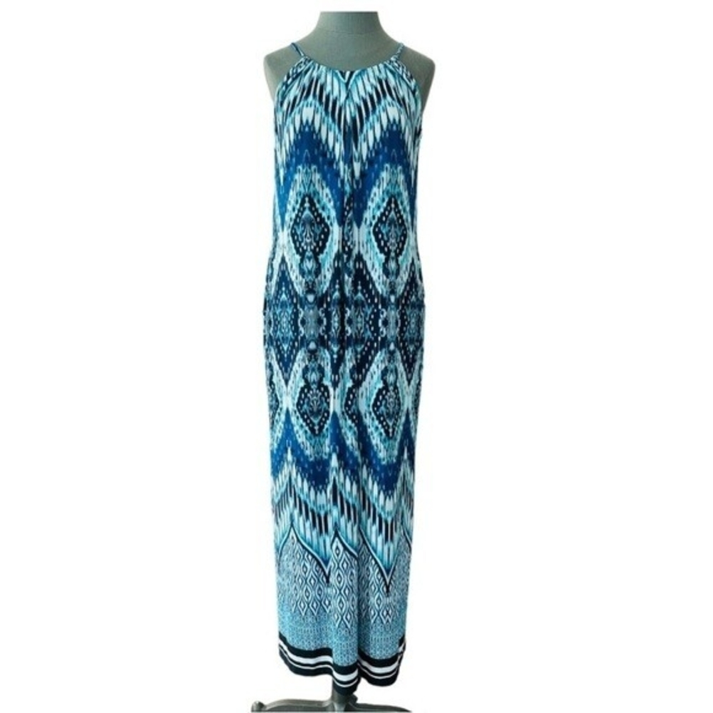Enfocus Studio Women Maxi Dress 6 Emerald Print Blue Green White Boho Sleeveless - Picture 9 of 13